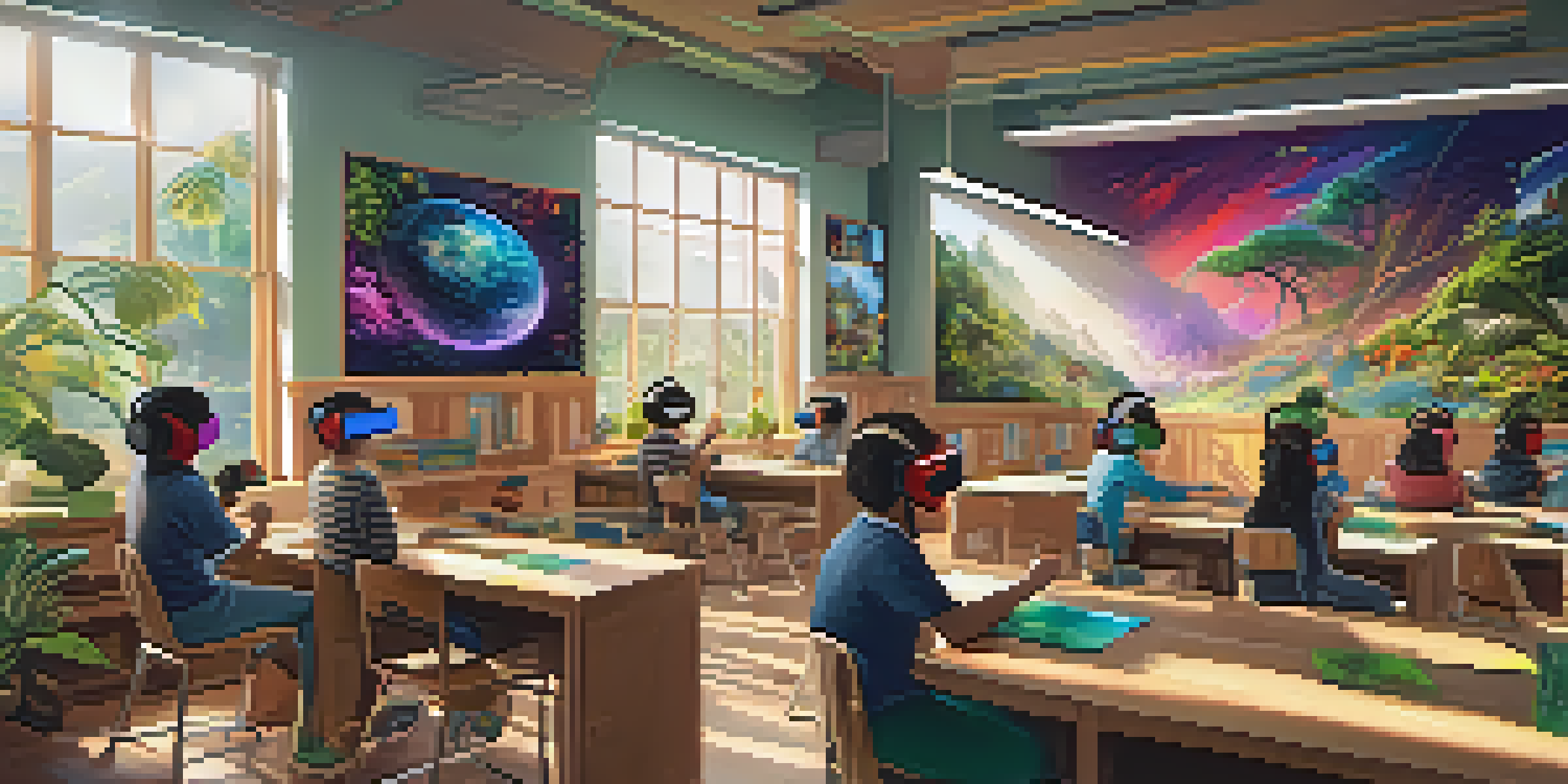 A classroom filled with students using virtual reality headsets, exploring various immersive environments like a rainforest and outer space, with educational posters around.