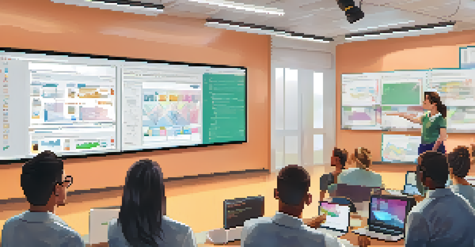 An instructor teaching coding to students in a modern tech lab, with a large screen displaying colorful code.