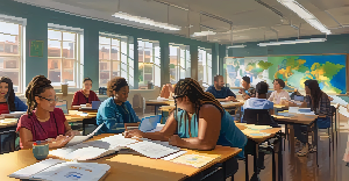 A diverse group of adult learners collaborating in a bright classroom, working on an interdisciplinary project with books and laptops.