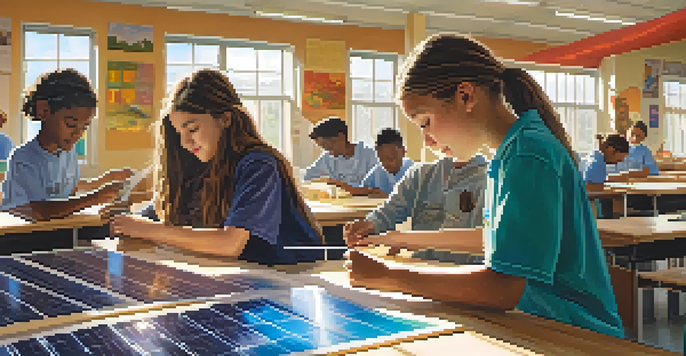 A classroom with students working on a solar panel project, surrounded by educational posters and bright sunlight.
