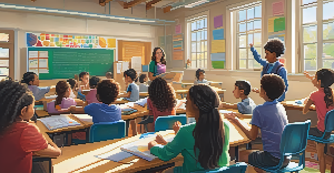 A lively classroom with students actively participating and a teacher at the whiteboard, surrounded by educational posters.
