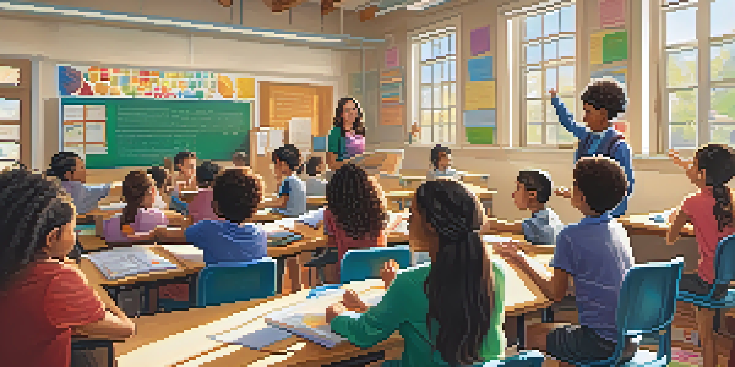 A lively classroom with students actively participating and a teacher at the whiteboard, surrounded by educational posters.