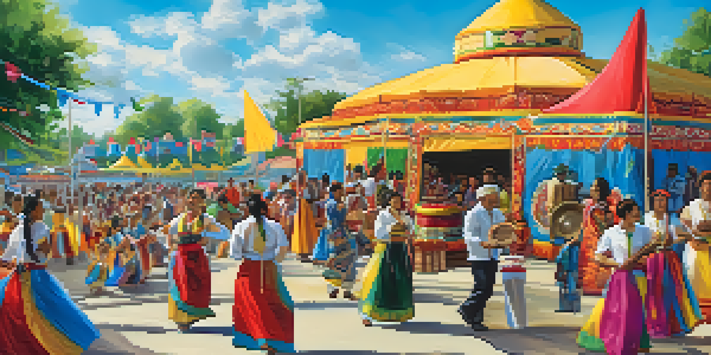 A lively community cultural festival with diverse people enjoying traditional music and dance, surrounded by colorful booths representing different cultures.