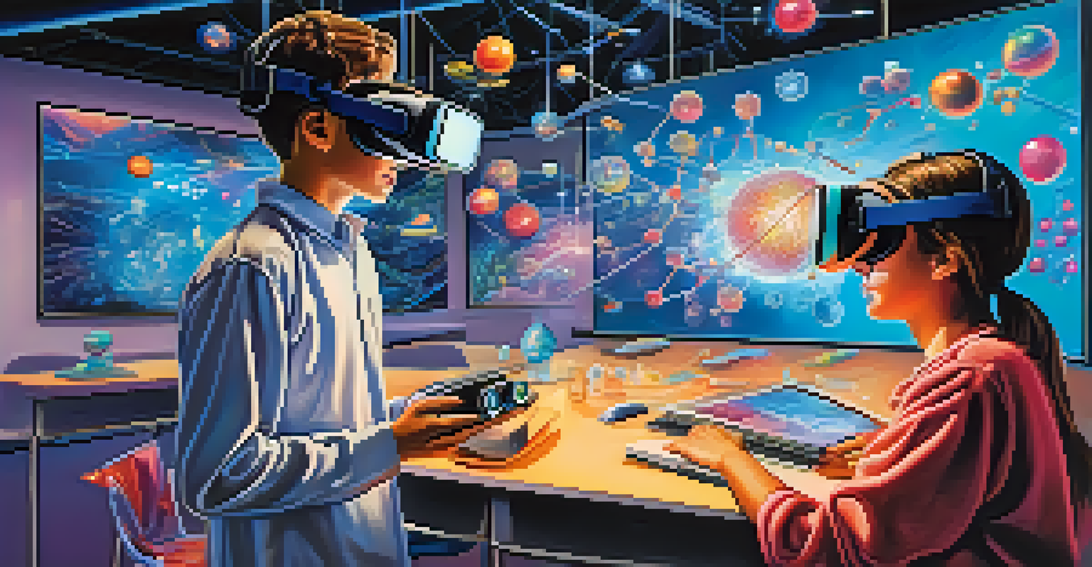 A student using VR goggles in a futuristic classroom, surrounded by holographic images of scientific concepts.