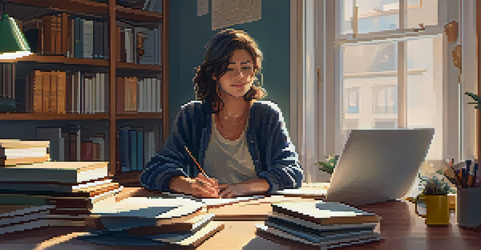 A student sitting at a desk in a cozy room, using a laptop for an online discussion, surrounded by books and stationery.