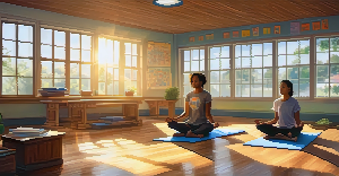 A teacher practicing mindfulness meditation in a bright and inviting classroom with sunlight streaming through the windows.