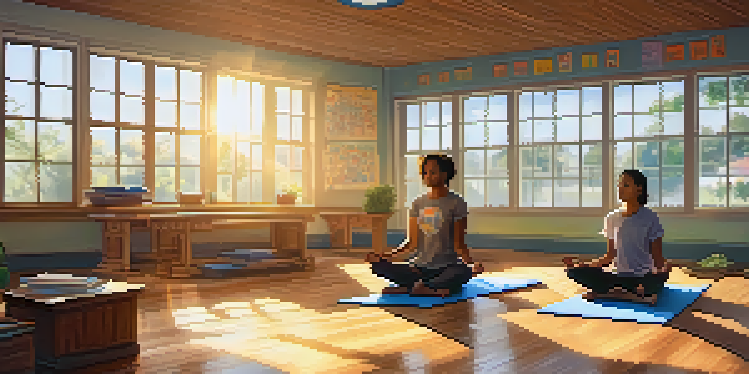 A teacher practicing mindfulness meditation in a bright and inviting classroom with sunlight streaming through the windows.