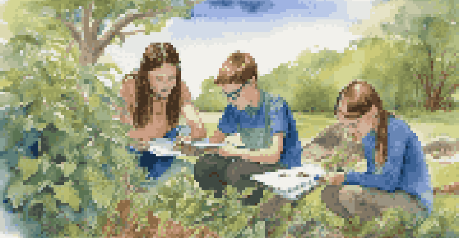 Students outside exploring environmental issues, using magnifying glasses and notebooks, surrounded by nature.