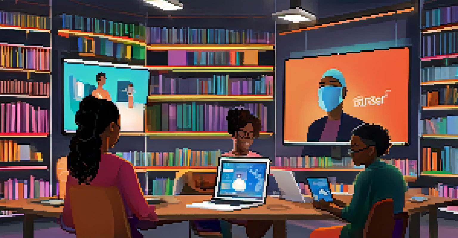 A diverse group of people participating in a virtual class, with their laptops and a large screen displaying the instructor.