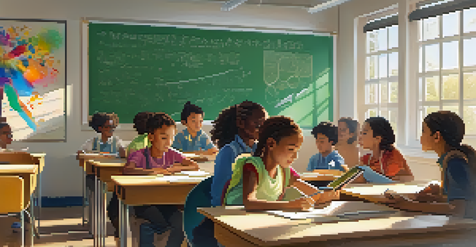 A classroom filled with students of different backgrounds actively participating in group activities with a teacher at the front, illuminated by natural light.