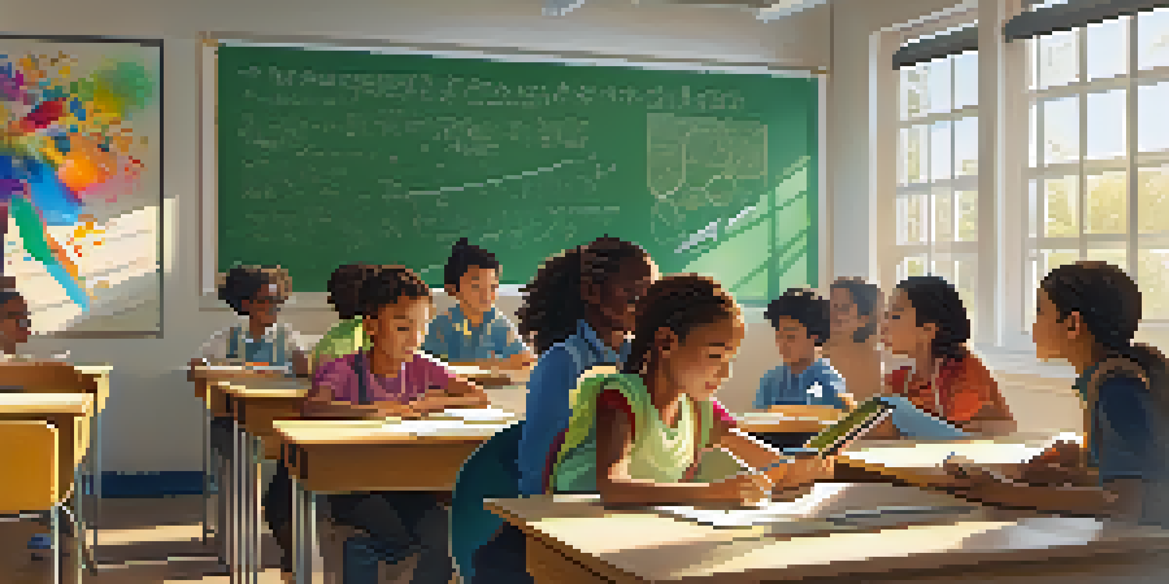 A classroom filled with students of different backgrounds actively participating in group activities with a teacher at the front, illuminated by natural light.