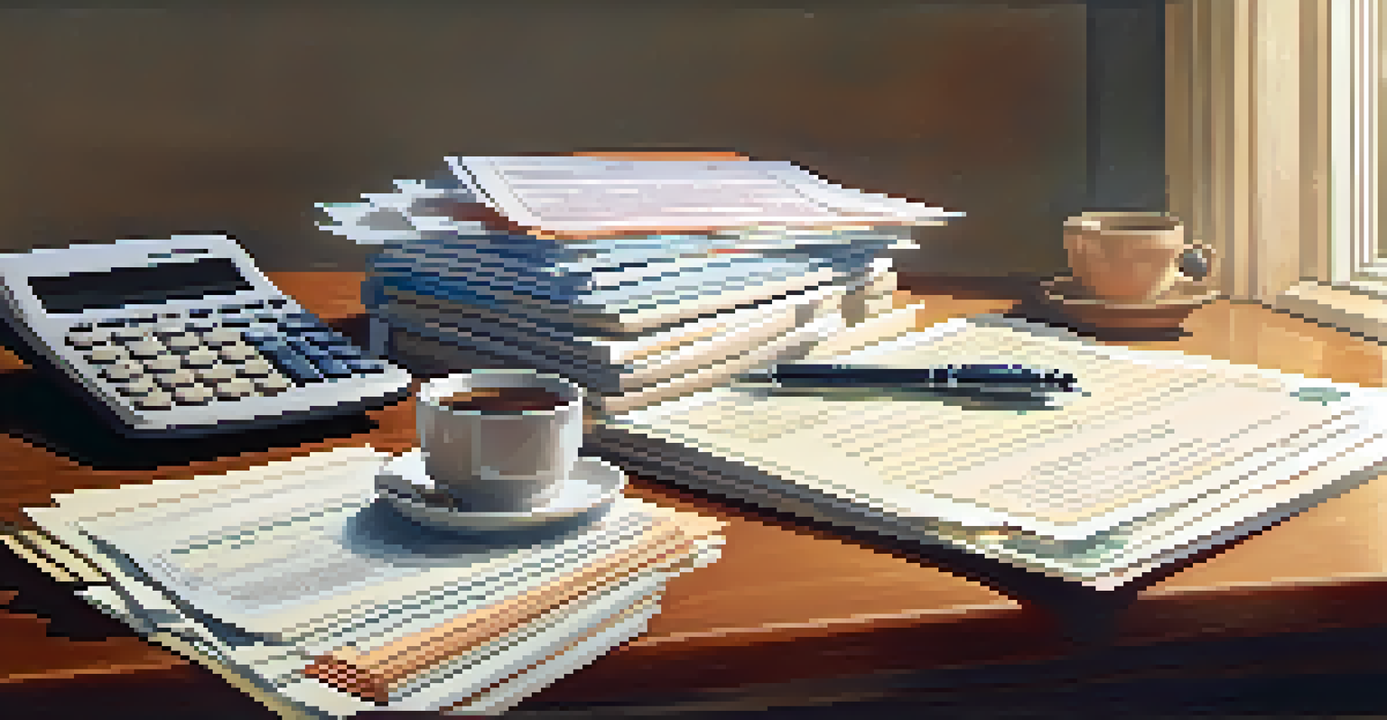 A close-up of financial documents and bonds on a wooden desk, with a calculator, a pen, and a cup of coffee, illuminated by soft natural light.
