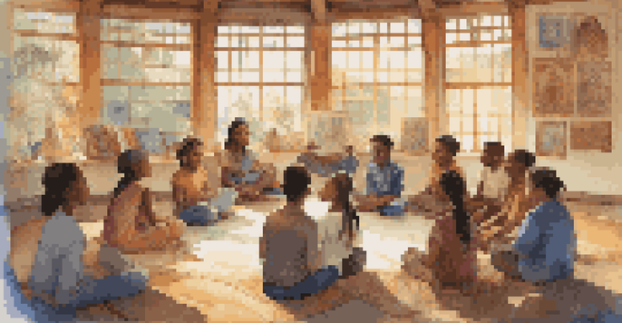 A diverse group of students in a classroom sitting in a circle, sharing and listening to folktales, with cultural artifacts decorating the walls.