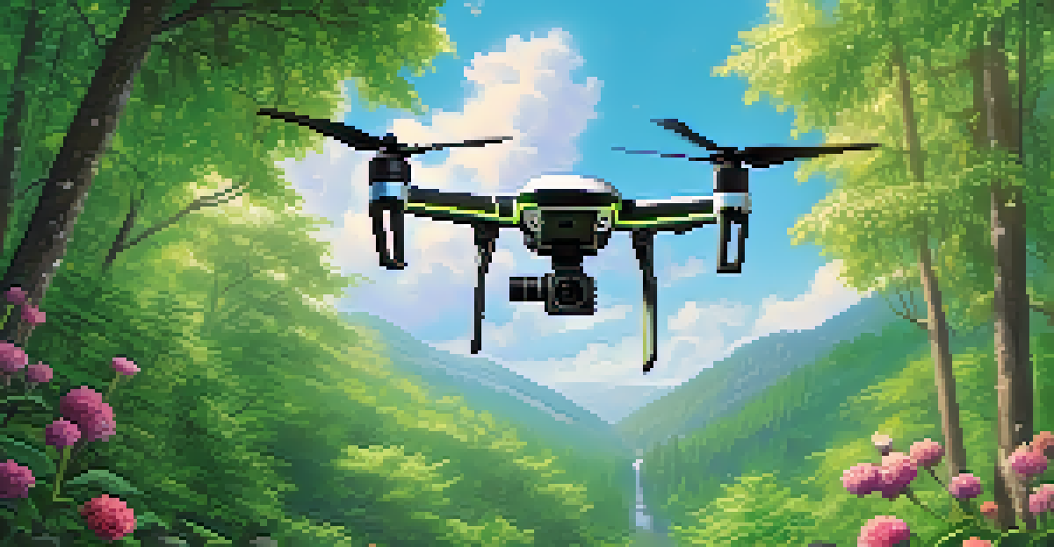 A close-up of a drone hovering above a vibrant green forest.