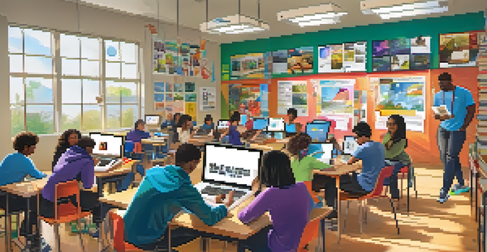 A lively classroom filled with students of different ethnicities collaborating on transmedia learning using tablets and laptops, surrounded by educational posters and art supplies.