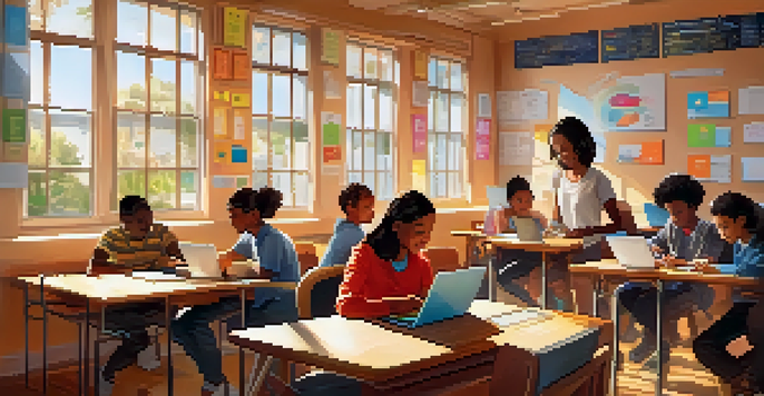 A diverse classroom with students using technology for language learning, illuminated by warm sunlight.