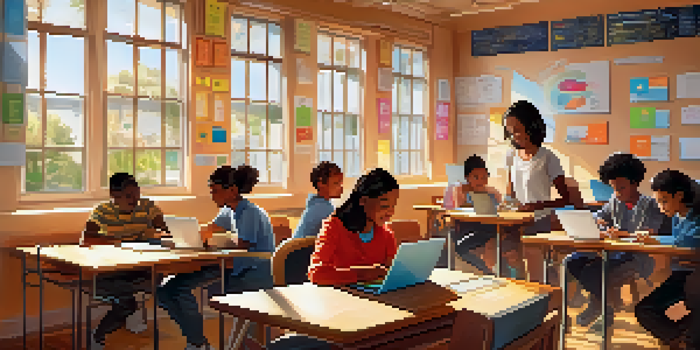 A diverse classroom with students using technology for language learning, illuminated by warm sunlight.