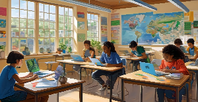 A diverse group of students in a bright classroom, using laptops with AI tools, surrounded by educational posters and plants.