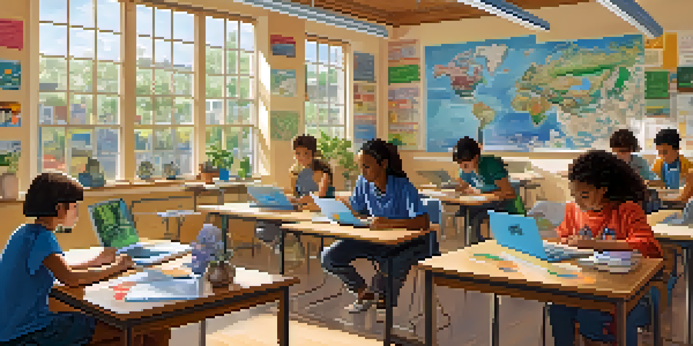 A diverse group of students in a bright classroom, using laptops with AI tools, surrounded by educational posters and plants.