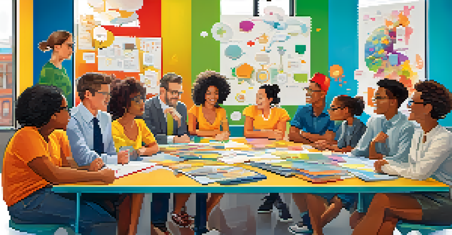 Colorful cartoon-like characters representing learner personas in a brainstorming session, with thought bubbles showing their learning goals.