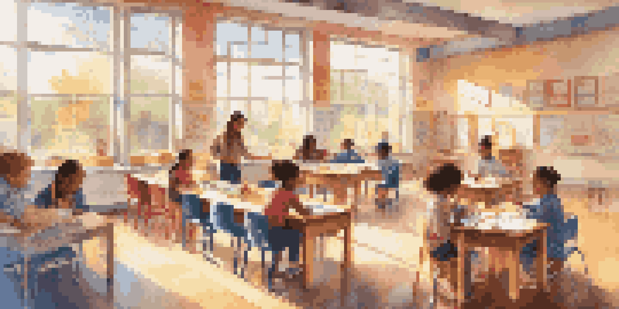 A lively classroom where children are participating in hands-on learning activities, with colorful materials and bright sunlight coming through the windows.