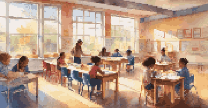 A lively classroom where children are participating in hands-on learning activities, with colorful materials and bright sunlight coming through the windows.