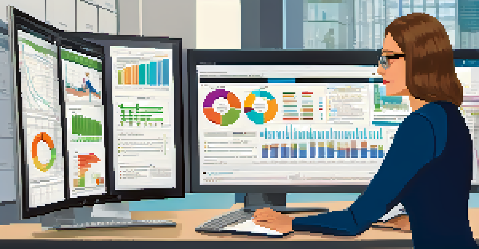 A teacher analyzing colorful graphs and charts on a computer screen, reflecting on student performance data in an organized office.