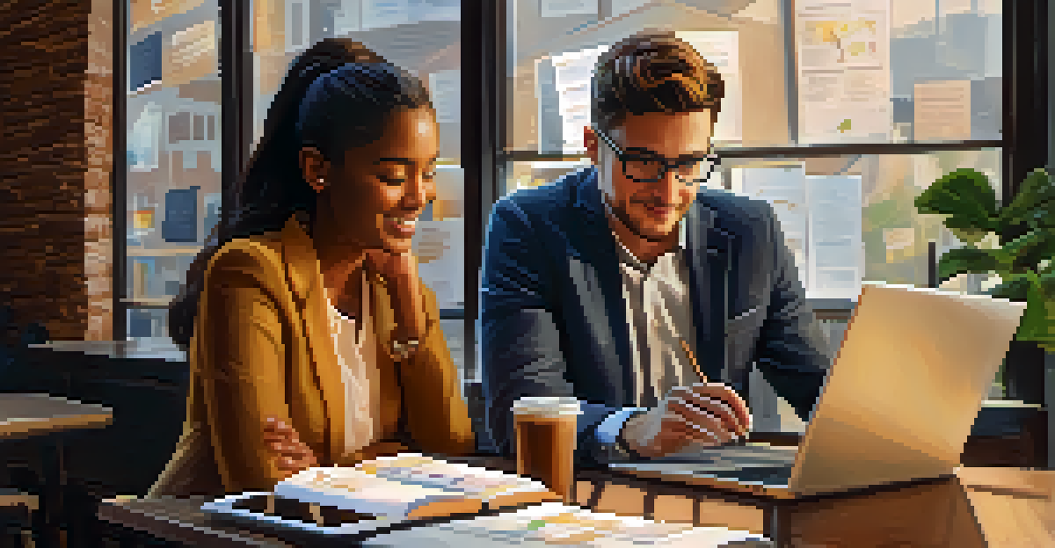 A mentor and a young entrepreneur discussing a business plan in a cozy coffee shop, with a laptop and charts visible on the table.