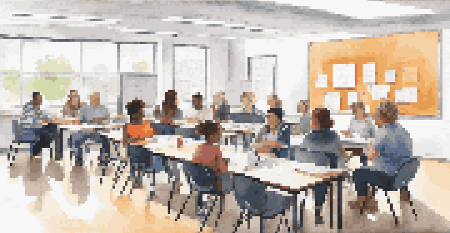 Parents attending a workshop in a bright classroom, actively engaging in discussion with an instructor at the front.