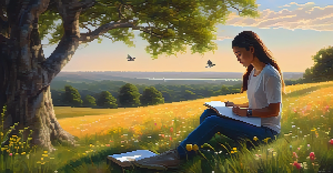 A student sitting on a grassy hill, writing in a nature journal, surrounded by colorful wildflowers under a warm sunset.
