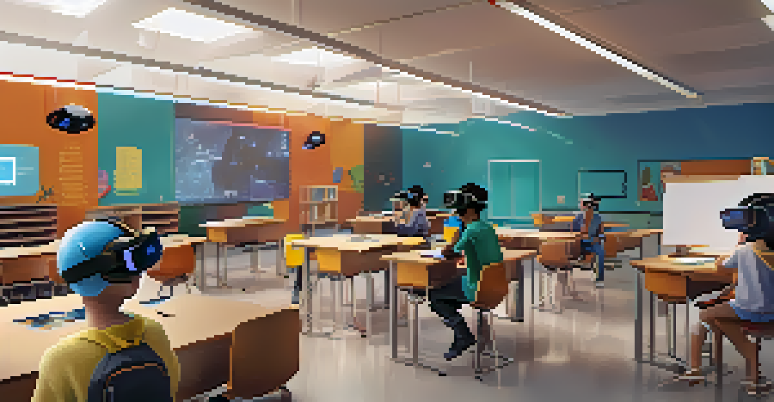 Students wearing virtual reality headsets in a modern classroom, exploring historical events, with a teacher guiding them.