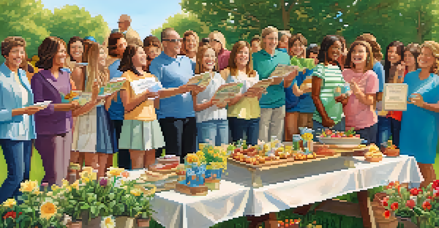 Teachers celebrating achievements outdoors in a school garden, gathered around a picnic table with snacks and certificates, smiling and clapping.