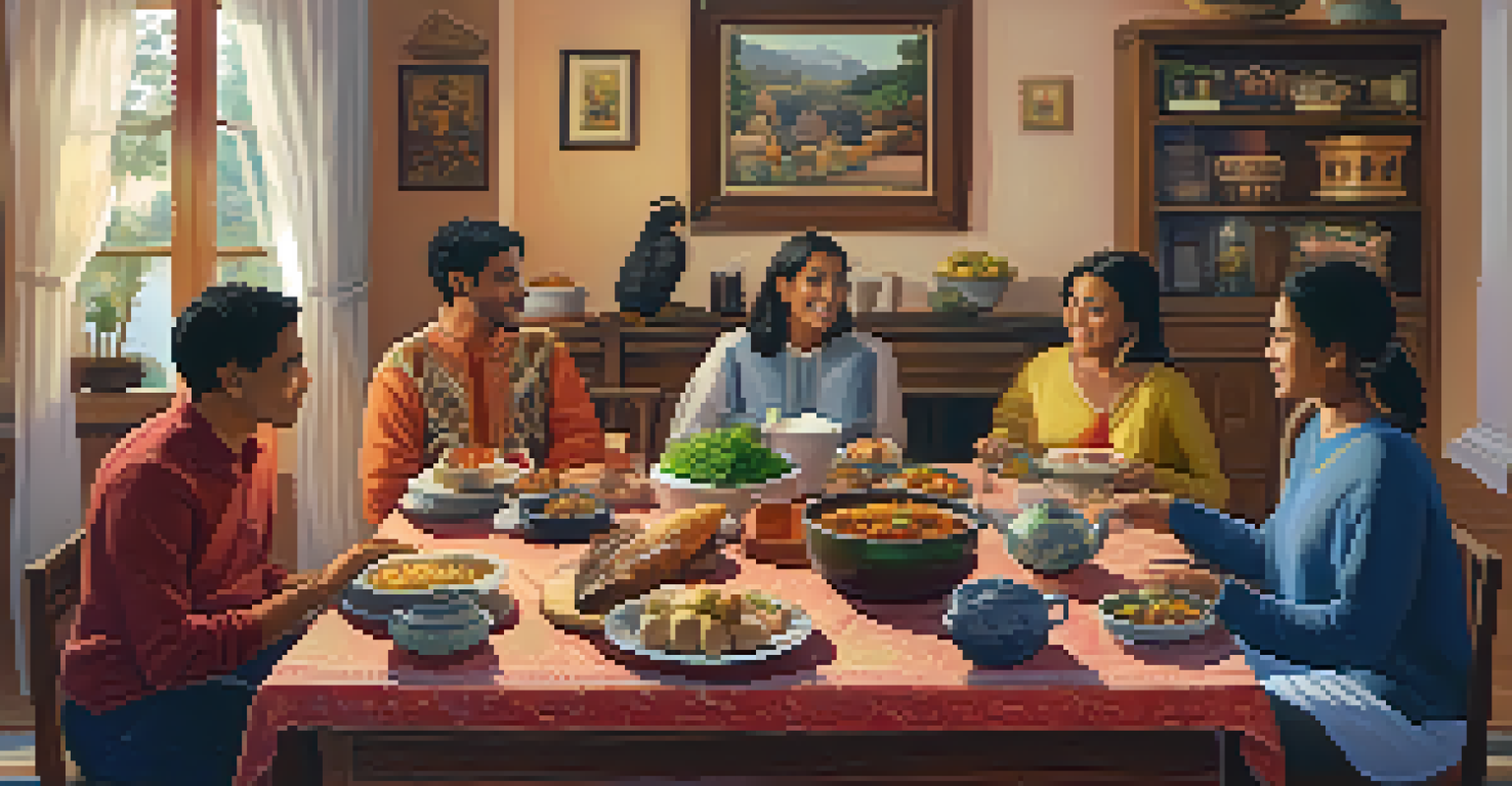 A family from diverse backgrounds gathered in a cozy living room, sharing food and stories around a table.