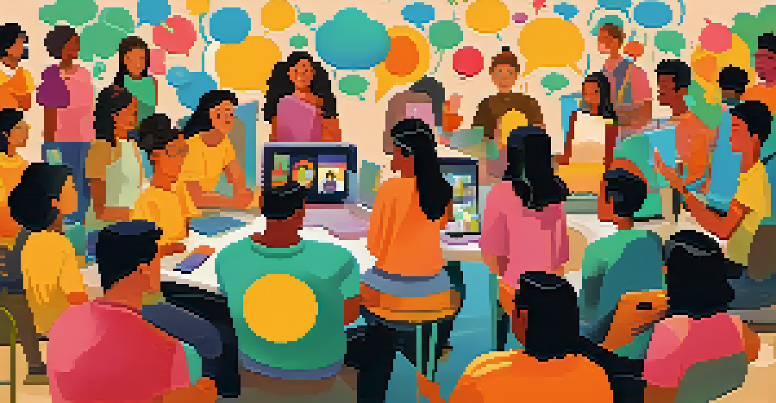 Students interacting in a vibrant online forum, with colorful speech bubbles representing their conversations.