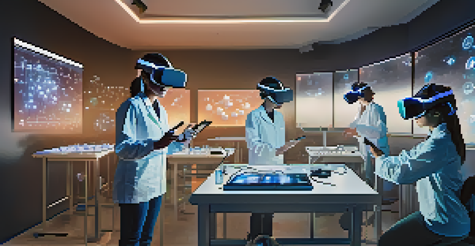 Students wearing VR headsets in a darkened classroom, collaborating on a virtual chemistry lab with glowing digital elements around them.