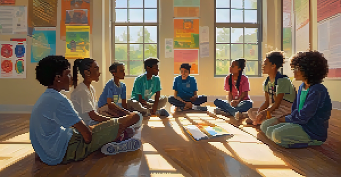 A vibrant classroom scene with students of different backgrounds participating in a lively discussion, surrounded by cultural posters and sunlight.
