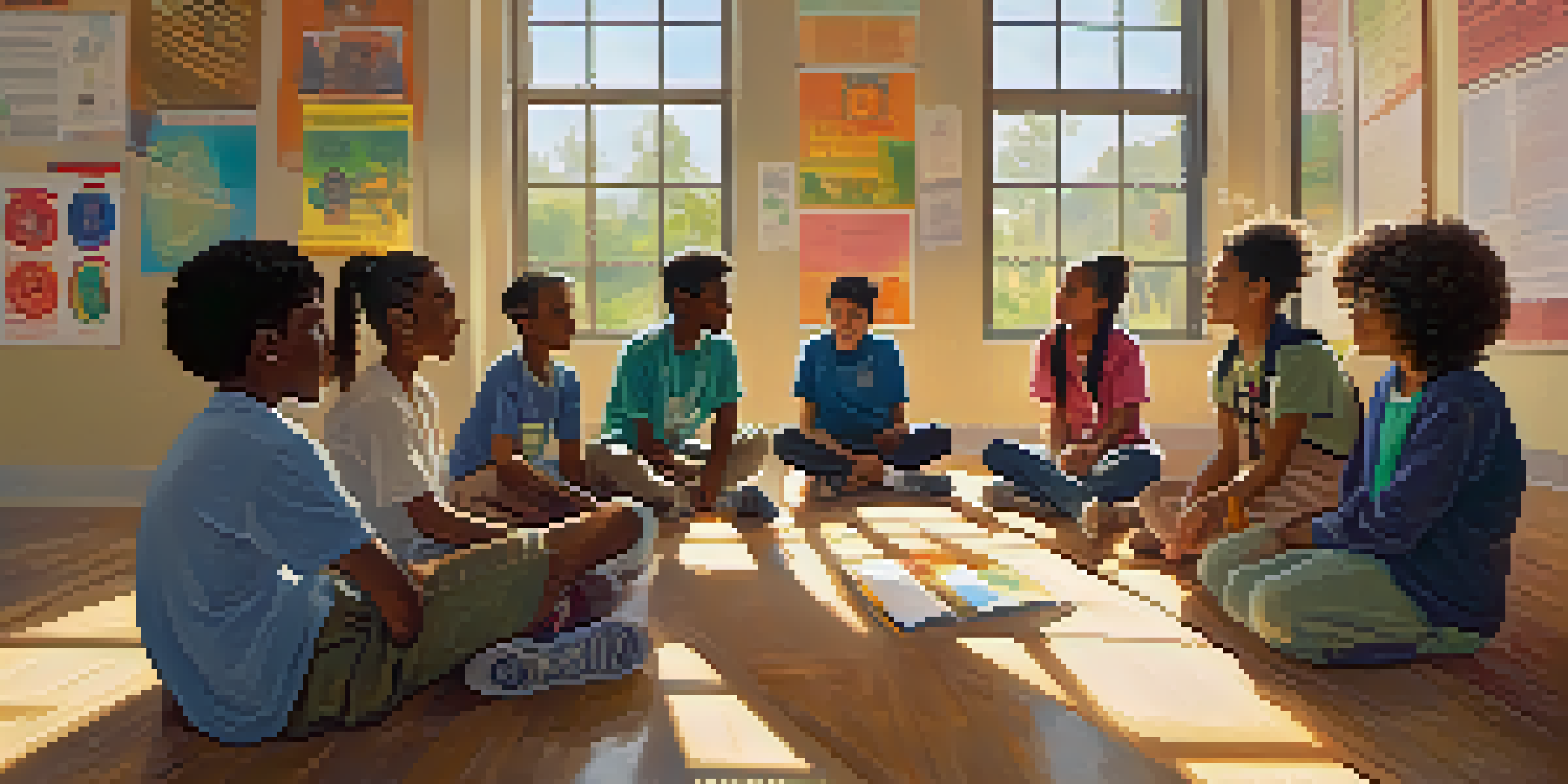 A vibrant classroom scene with students of different backgrounds participating in a lively discussion, surrounded by cultural posters and sunlight.