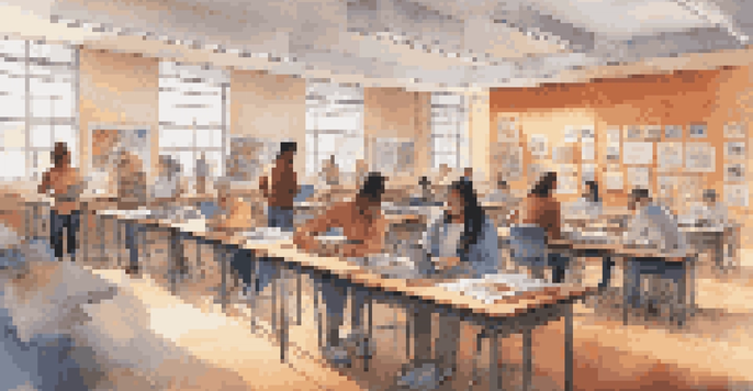 A diverse group of adult learners in a bright classroom using augmented reality devices to study 3D anatomical models.