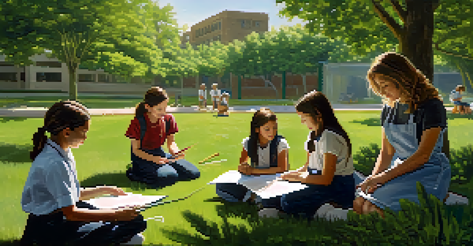 A teacher and students learning in a garden, with sunlight filtering through trees, demonstrating planting techniques.