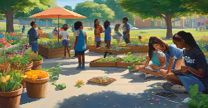 A group of diverse students planting a community garden in an outdoor classroom, with colorful plants and sunlight filtering through the trees.