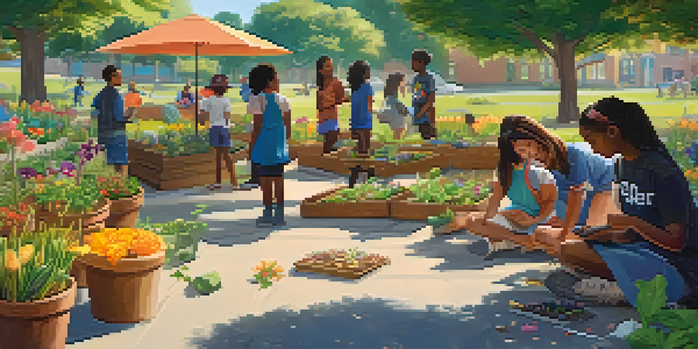 A group of diverse students planting a community garden in an outdoor classroom, with colorful plants and sunlight filtering through the trees.