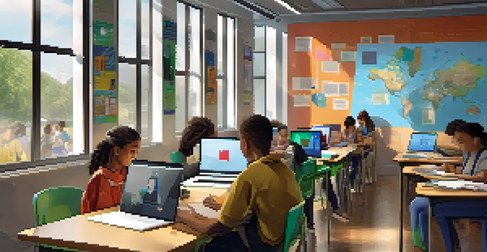 A peaceful digital classroom with diverse students using laptops, surrounded by natural light and educational decor.