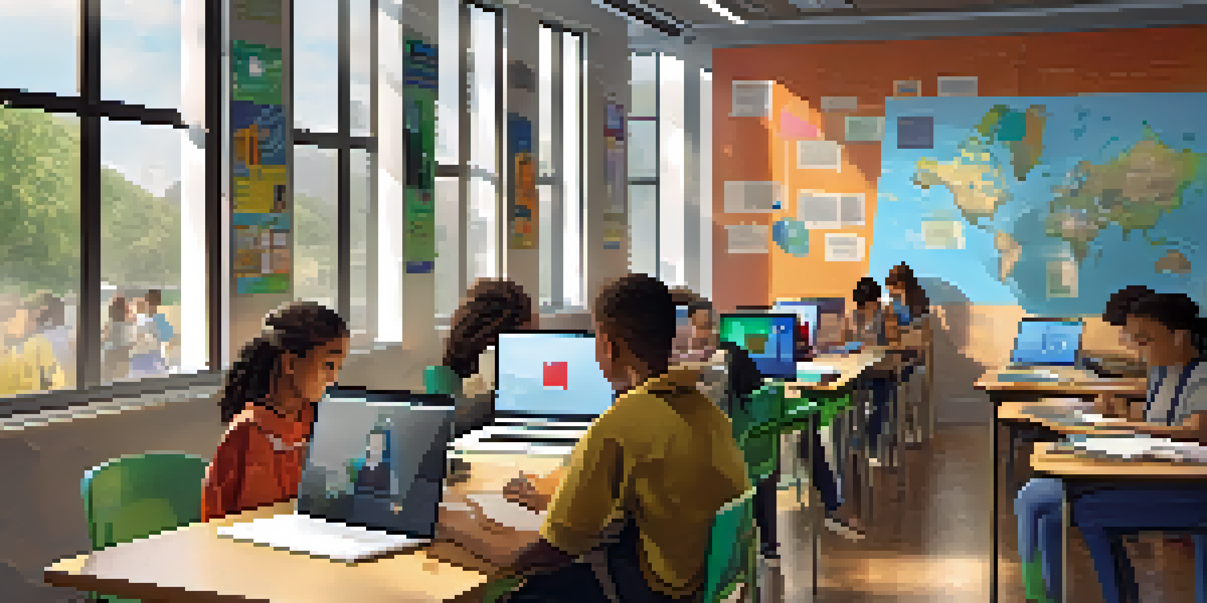 A peaceful digital classroom with diverse students using laptops, surrounded by natural light and educational decor.