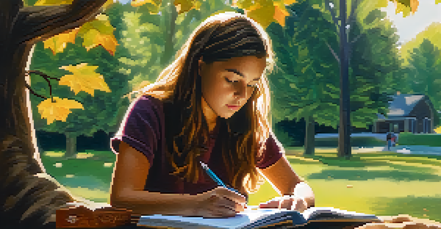 A student writing in a journal surrounded by nature, reflecting on their experiences with a thoughtful expression.