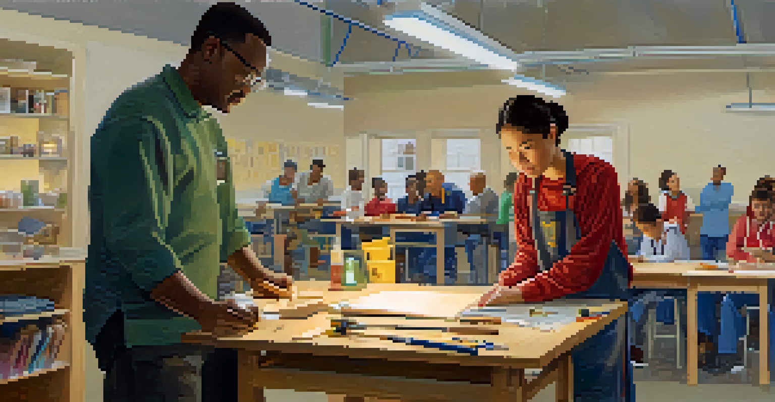 A mentor demonstrating a skill to an adult learner in a community center, with tools and materials visible around them.