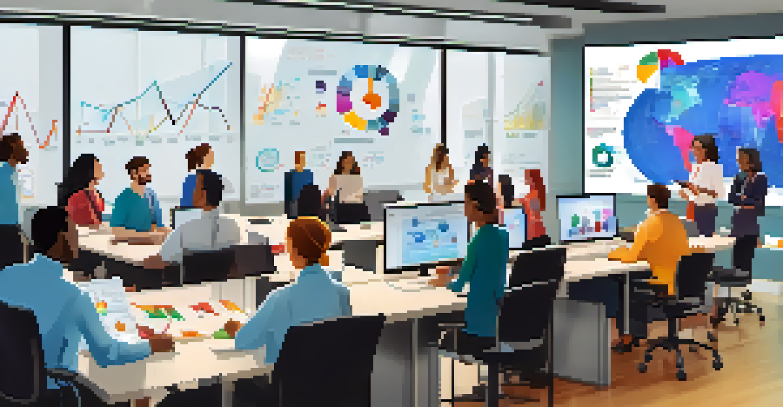 Visual representation of data showing success metrics from a peer learning program, with participants discussing colorful graphs in a modern office.