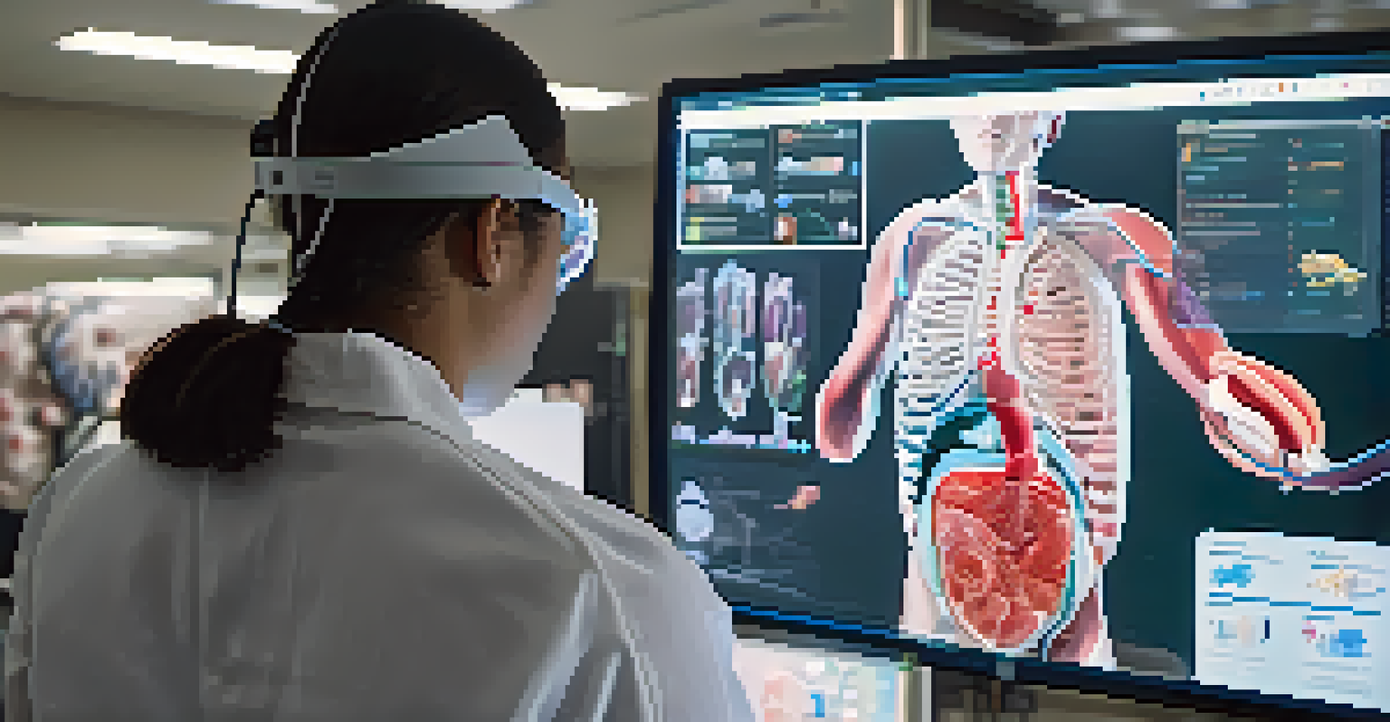 A student wearing AR glasses examining a 3D model of the human body in a modern medical training environment.