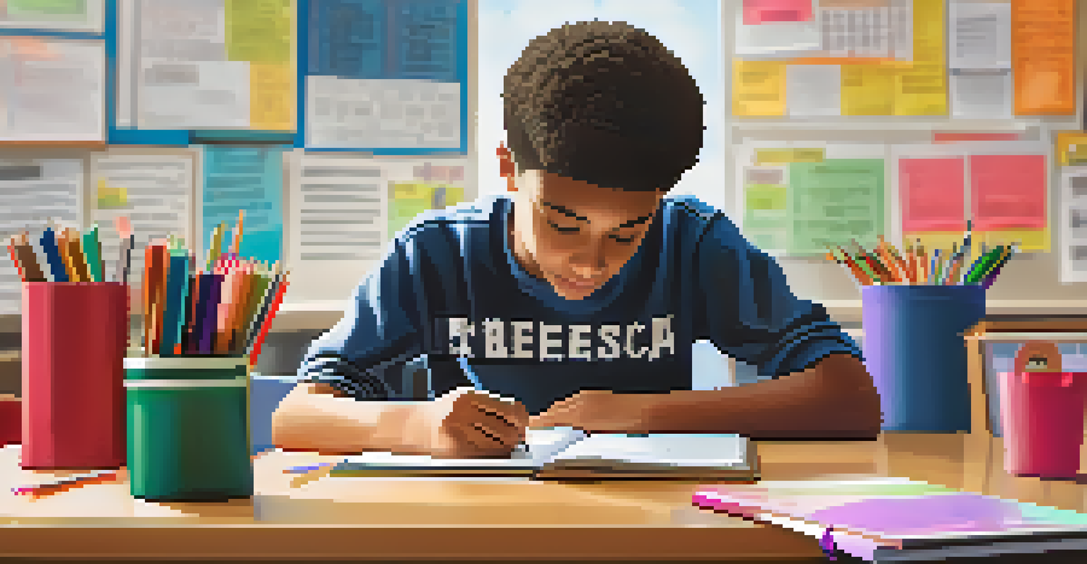 A student thoughtfully writing in a notebook, surrounded by colorful stationery and a motivational poster.