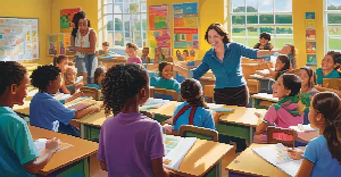 A cheerful teacher interacting with a diverse group of happy students in a bright, colorful classroom.