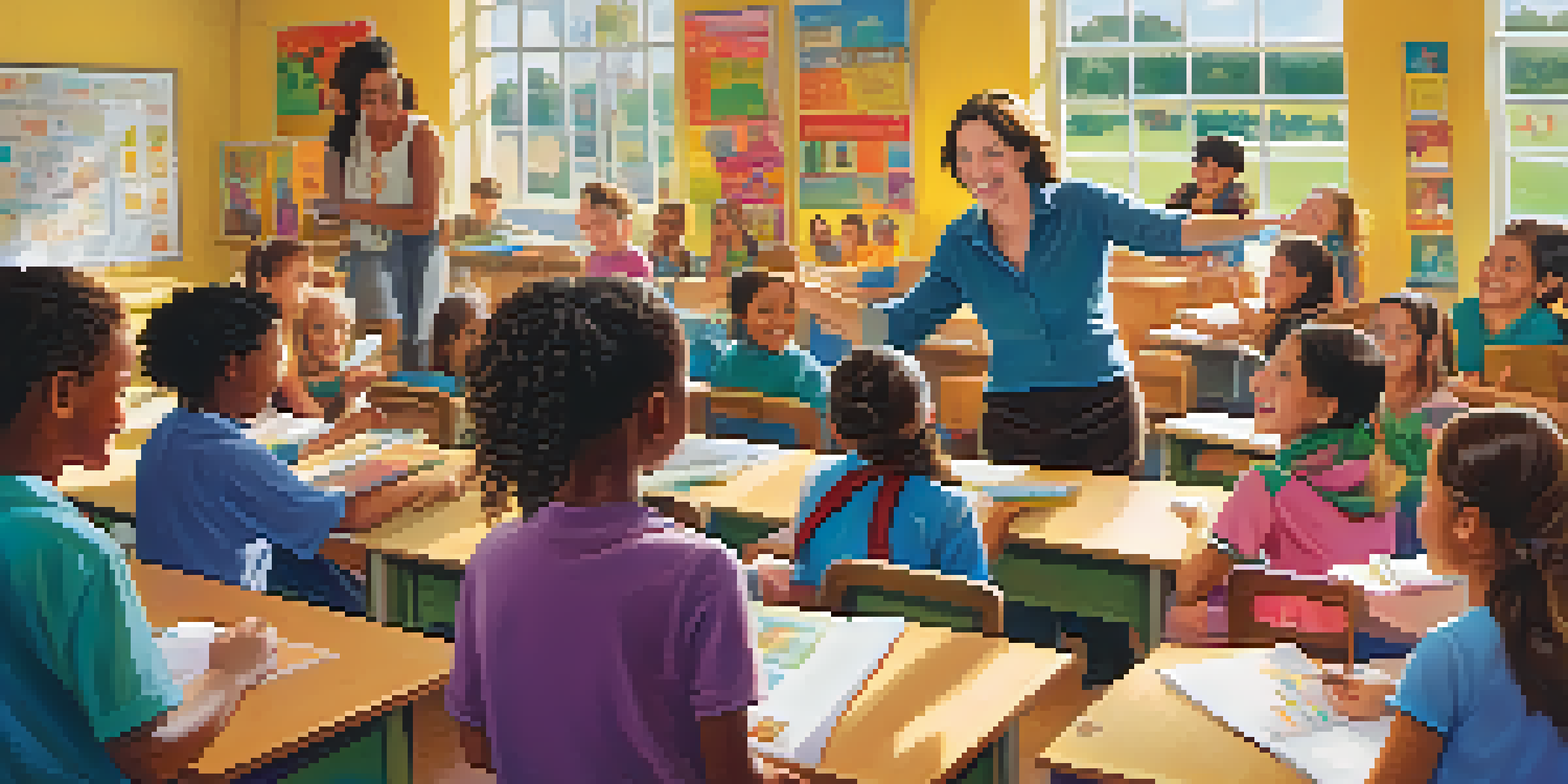 A cheerful teacher interacting with a diverse group of happy students in a bright, colorful classroom.